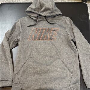 Nike Men's Athletic Heather Gray Hoodie with Orange Accents- M